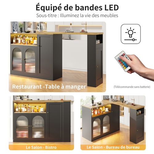 Îlot De Cuisine - Plateau Bois - Mdf - LED - Vitrine Verre Cannelé - Meuble Bar Moderne - Noir