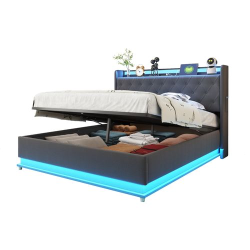 Lit Coffre 140x200 Cm - Lit Avec LED Et Port USB, Rembourré Et Coffre Hydraulique, Lin Gris