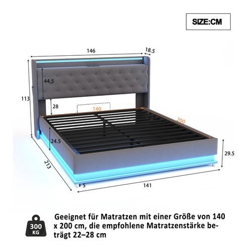 Lit Coffre 140x200 Cm - Lit Avec LED Et Port USB, Rembourré Et Coffre Hydraulique, Lin Gris