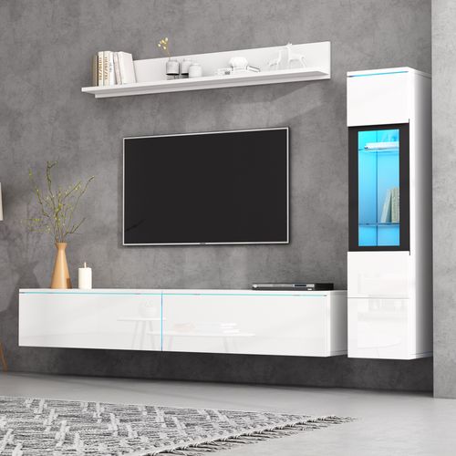 Ensemble Meuble TV - 3 Pièces - LED Intégrée - Vitrine Et Étagère Murale - Moderne -mdf Verre -blanc