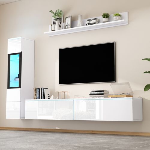 Ensemble Meuble TV - 3 Pièces - LED Intégrée - Vitrine Et Étagère Murale - Moderne -mdf Verre -blanc