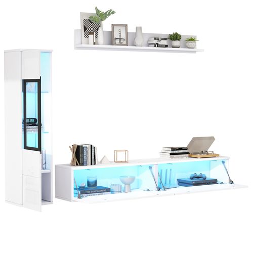 Ensemble Meuble TV - 3 Pièces - LED Intégrée - Vitrine Et Étagère Murale - Moderne -mdf Verre -blanc