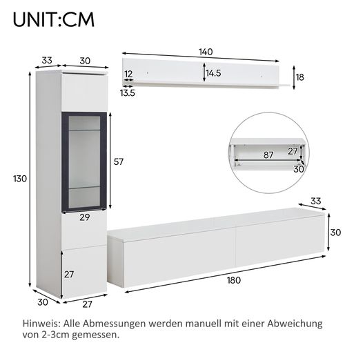 Ensemble Meuble TV - 3 Pièces - LED Intégrée - Vitrine Et Étagère Murale - Moderne -mdf Verre -blanc