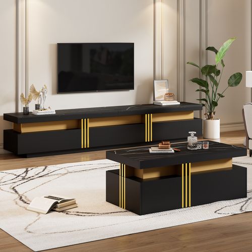 Ensemble Mural TV - Meuble TV Et Table Basse Effet Marbre - 3 Tiroirs Et 2 Tiroirs - Moderne - Noir