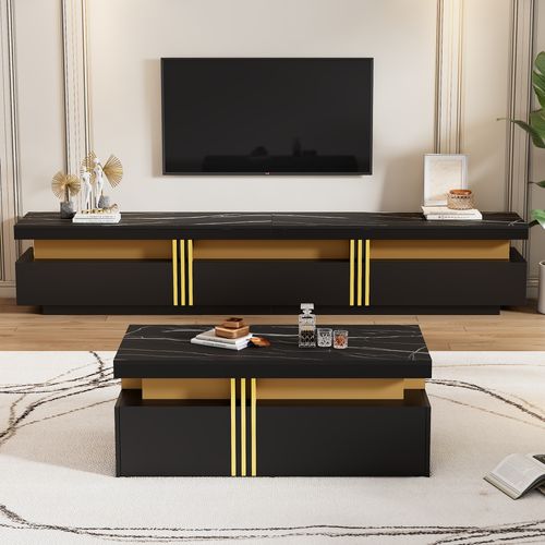 Ensemble Mural TV - Meuble TV Et Table Basse Effet Marbre - 3 Tiroirs Et 2 Tiroirs - Moderne - Noir