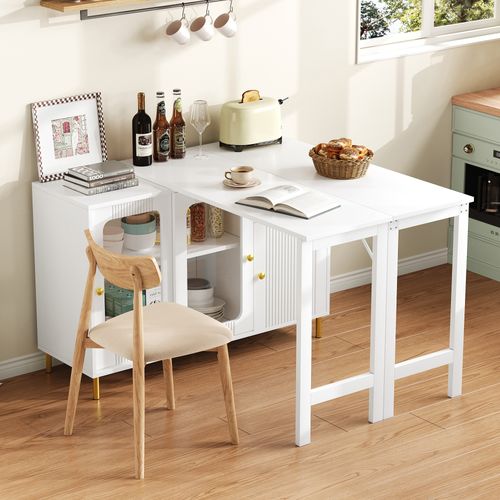 Buffet - Table Extensible - Pieds Métal Doré - Portes Coulissantes En Verre - Multifonction - Blanc