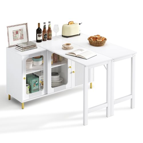 Buffet - Table Extensible - Pieds Métal Doré - Portes Coulissantes En Verre - Multifonction - Blanc