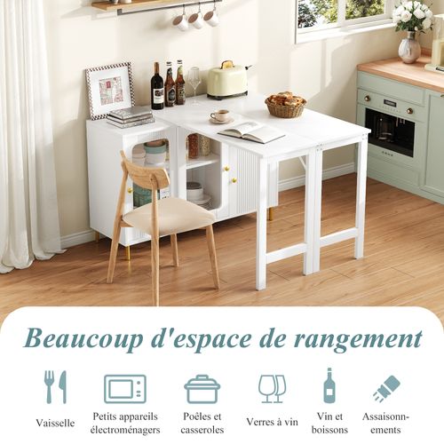 Buffet - Table Extensible - Pieds Métal Doré - Portes Coulissantes En Verre - Multifonction - Blanc