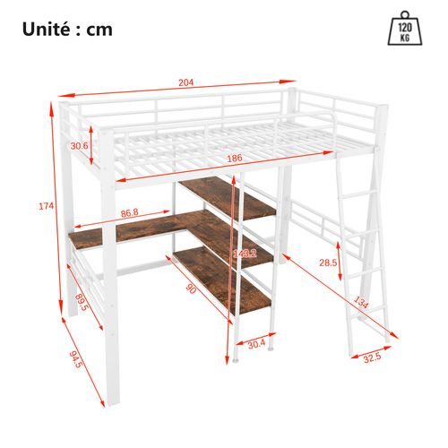 Lit Mezzanine 90x200 Cm - Lit Avec Échelle Et Bureau En L - Garde-corps Sécurité - Blanc