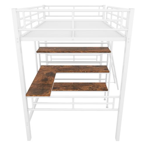 Lit Mezzanine 90x200 Cm - Lit Avec Échelle Et Bureau En L - Garde-corps Sécurité - Blanc