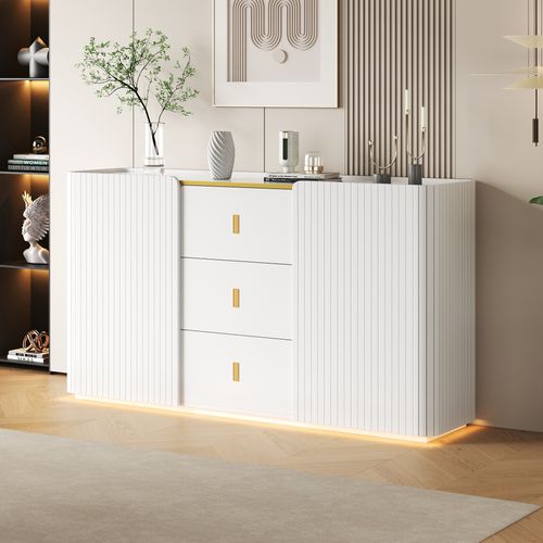 Buffet Design - Tiroirs Et Portes - Bahut Salle à Manger Moderne - LED Intégrée - Mdf - Blanc