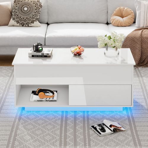 Table Basse - Tiroir Et LED - Plateau Ajustable - Panneau De Particules Haute Brillance - Blanc