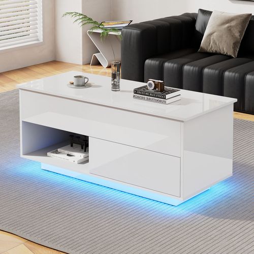 Table Basse - Tiroir Et LED - Plateau Ajustable - Panneau De Particules Haute Brillance - Blanc