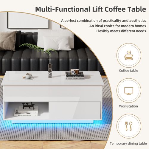Table Basse - Tiroir Et LED - Plateau Ajustable - Panneau De Particules Haute Brillance - Blanc