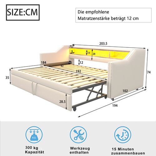 Lit Gigogne 90/180x190 - Banquette Rembourrée Avec Rangement Et LED Intégrée - Port USB - Beige