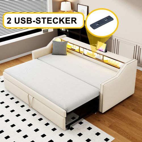 Lit Gigogne 90/180x190 - Banquette Rembourrée Avec Rangement Et LED Intégrée - Port USB - Beige