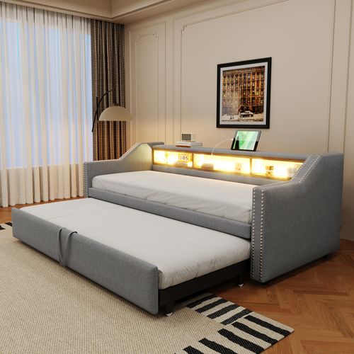 Lit Gigogne 90/180x190 - Banquette Rembourrée Avec Rangement Et Port USB - LED Intégrée - Gris Clair
