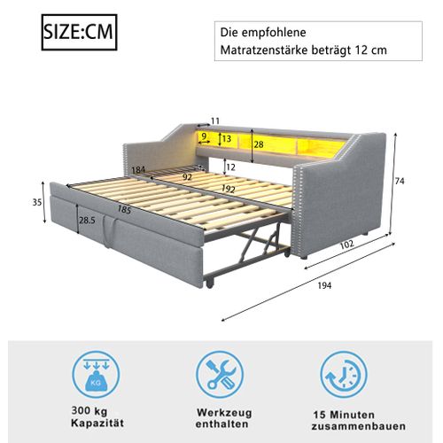 Lit Gigogne 90/180x190 - Banquette Rembourrée Avec Rangement Et Port USB - LED Intégrée - Gris Clair