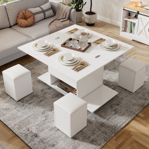 Table Basse Relevable - Tiroir Et 4 Tabourets - Rangement Dissimulé - Panneau De Particules - Blanc