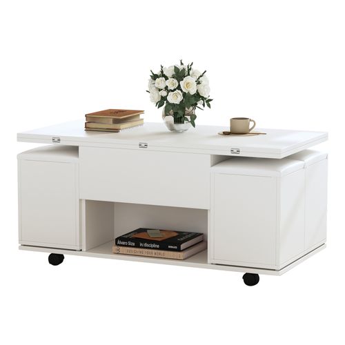 Table Basse Relevable - Tiroir Et 4 Tabourets - Rangement Dissimulé - Panneau De Particules - Blanc