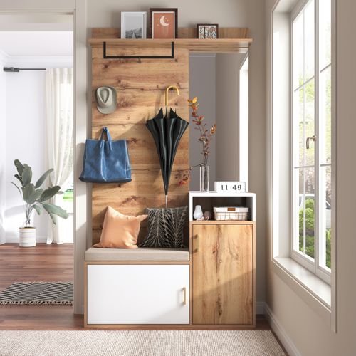 Armoire Avec Miroir Et Banc à Chaussures, Patère, Panneaux De Particules Et Mdf, Blanc Et Bois