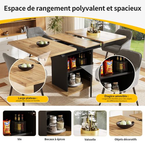 Table à Manger Extensible - Espaces De Rangement à 3 Niveaux - Mdf - Plateau Verre - Naturel Et Noir