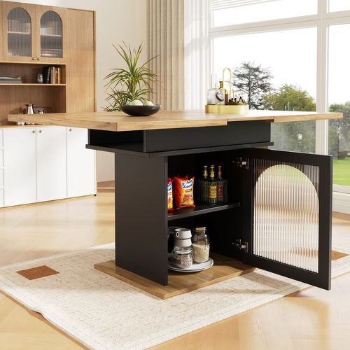 Table à Manger Extensible - Espaces De Rangement à 3 Niveaux - Mdf - Plateau Verre - Naturel Et Noir