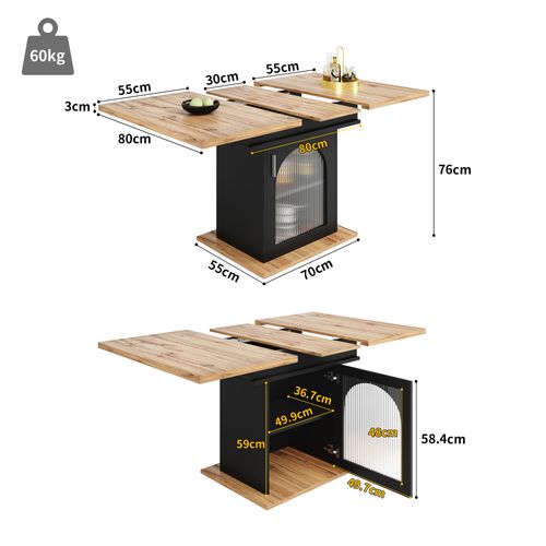 Table à Manger Extensible - Espaces De Rangement à 3 Niveaux - Mdf - Plateau Verre - Naturel Et Noir