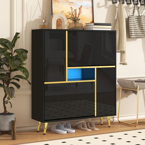 Meuble à Chaussures Brillant - Éclairage LED 16 Couleurs - Moderne - Panneaux De Particules - Noir