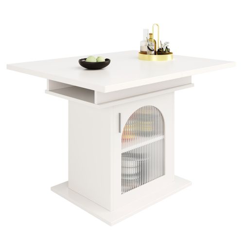 Table à Manger Extensible - Rangement à 3 Niveaux - Mdf - Plateau Verre - Blanc