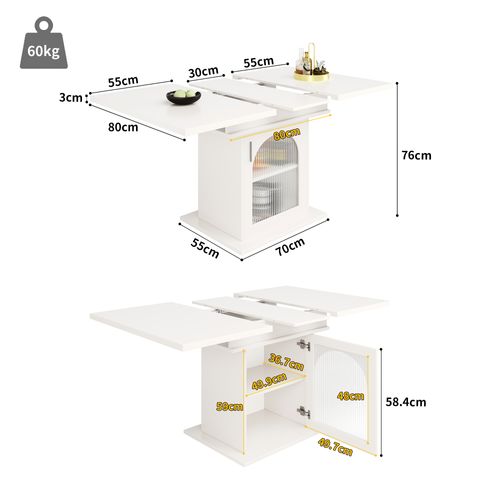 Table à Manger Extensible - Rangement à 3 Niveaux - Mdf - Plateau Verre - Blanc