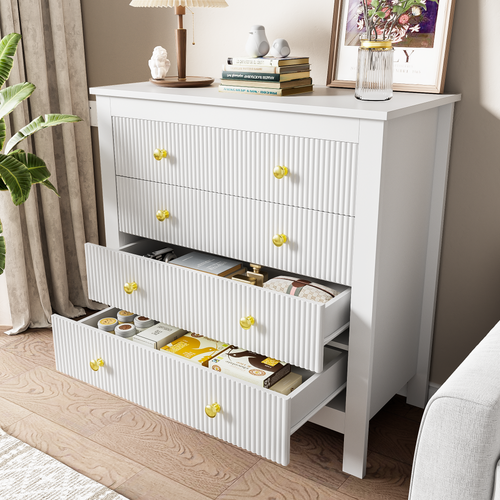 Commode Moderne Avec Tiroirs Et Poignées Dorées - Rangement - Panneau De Particules - Blanc