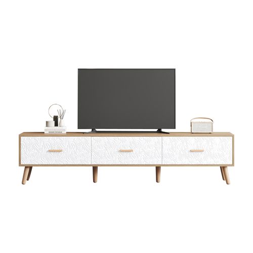 Meuble TV Style Scandinave Avec Portes, Design Rétro En Texturé Blanc Et Clair