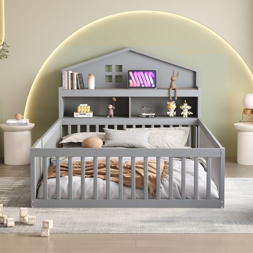 Lit Enfant 140x200 Cm - Barrières De Sécurité Et Rangement - Design Moderne - Gris