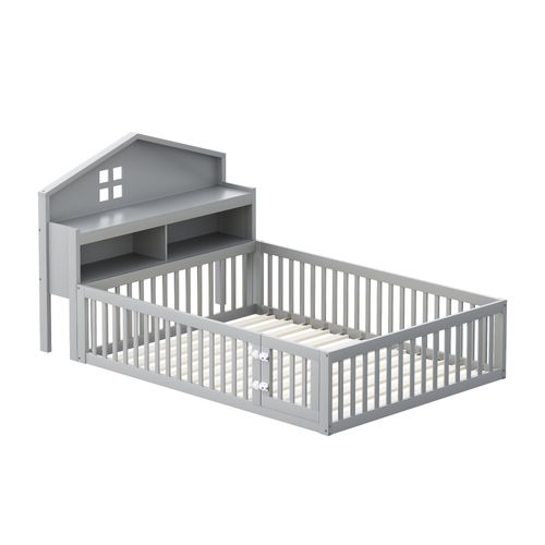 Lit Enfant 140x200 Cm - Barrières De Sécurité Et Rangement - Design Moderne - Gris
