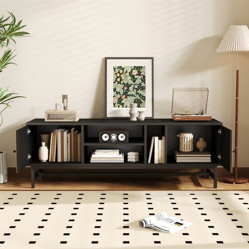 Meuble TV Avec Rangement Vertical Et Horizontal, Compartiments Ouverts Et Fermés, Noir