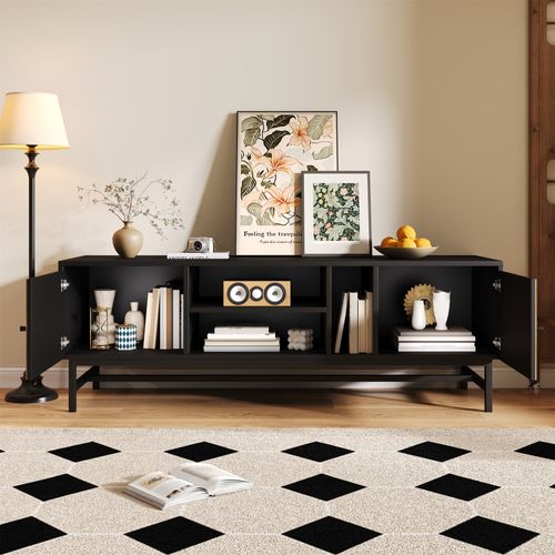 Meuble TV Avec Rangement Vertical Et Horizontal, Compartiments Ouverts Et Fermés, Noir