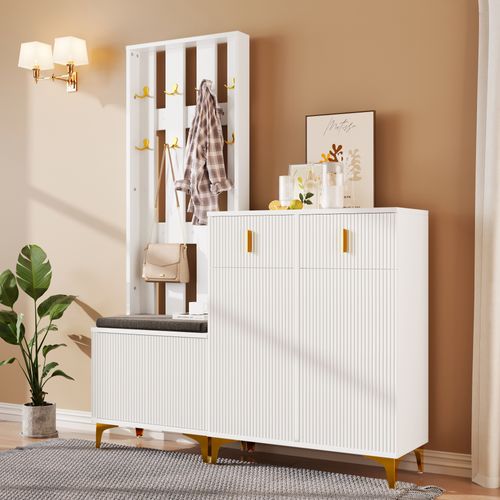 Vestiaire D’entrée - Banc Avec Coussin Et Tiroir Portes Et Crochets Muraux - Meuble Complet - Blanc