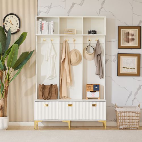 Portemanteau Moderne - Banc Intégré - 6 Patères Dorées - Meuble D’entrée Avec Rangement - Blanc