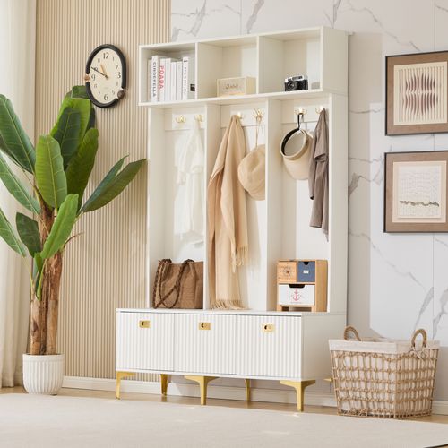 Portemanteau Moderne - Banc Intégré - 6 Patères Dorées - Meuble D’entrée Avec Rangement - Blanc
