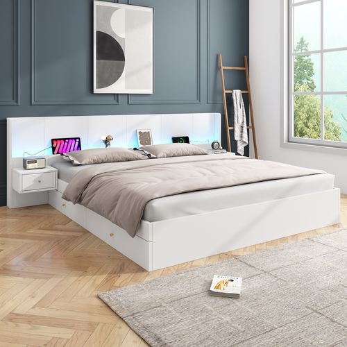 Lit 180x200 Cm - Lit En Bois Avec 2 Tables De Chevet - LED Et USB - Tiroirs De Rangement -mdf -blanc