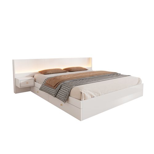Lit 180x200 Cm - Lit En Bois Avec 2 Tables De Chevet - LED Et USB - Tiroirs De Rangement -mdf -blanc