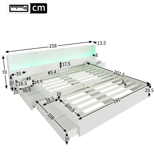 Lit 180x200 Cm - Lit En Bois Avec 2 Tables De Chevet - LED Et USB - Tiroirs De Rangement -mdf -blanc