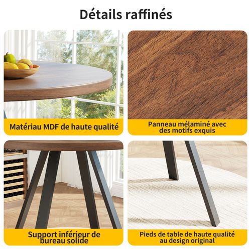 Table à Manger Ronde - Structure Métal - Plateau Bois - Design Moderne - Métal - Brun