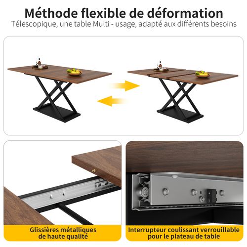 Table à Manger Extensible - Structure Métal Noir - Plateau Noyer - Brun