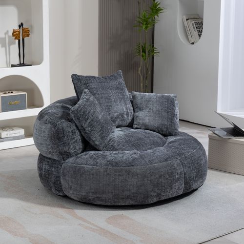 Fauteuil Pouf Cocooning 1 Place - Chaise Longue - 3 Coussins - Confortable - Tissu Chenille - Gris