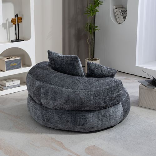 Fauteuil Pouf Cocooning 1 Place - Chaise Longue - 3 Coussins - Confortable - Tissu Chenille - Gris
