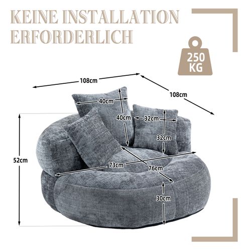 Fauteuil Pouf Cocooning 1 Place - Chaise Longue - 3 Coussins - Confortable - Tissu Chenille - Gris
