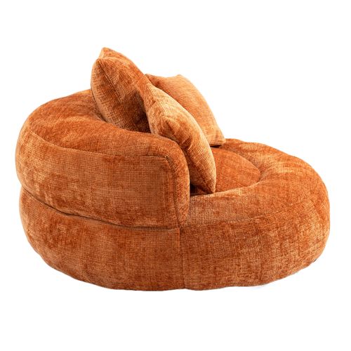 Fauteuil Pouf Cocooning 1 Place - Chaise Longue - 3 Coussins - Confortable - Tissu Chenille - Orange