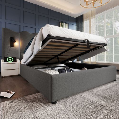 Lit Coffre 160x200 - Lit Double Capitonné Avec Lampe De Lecture Et Charge USB Type-c - Lin Gris